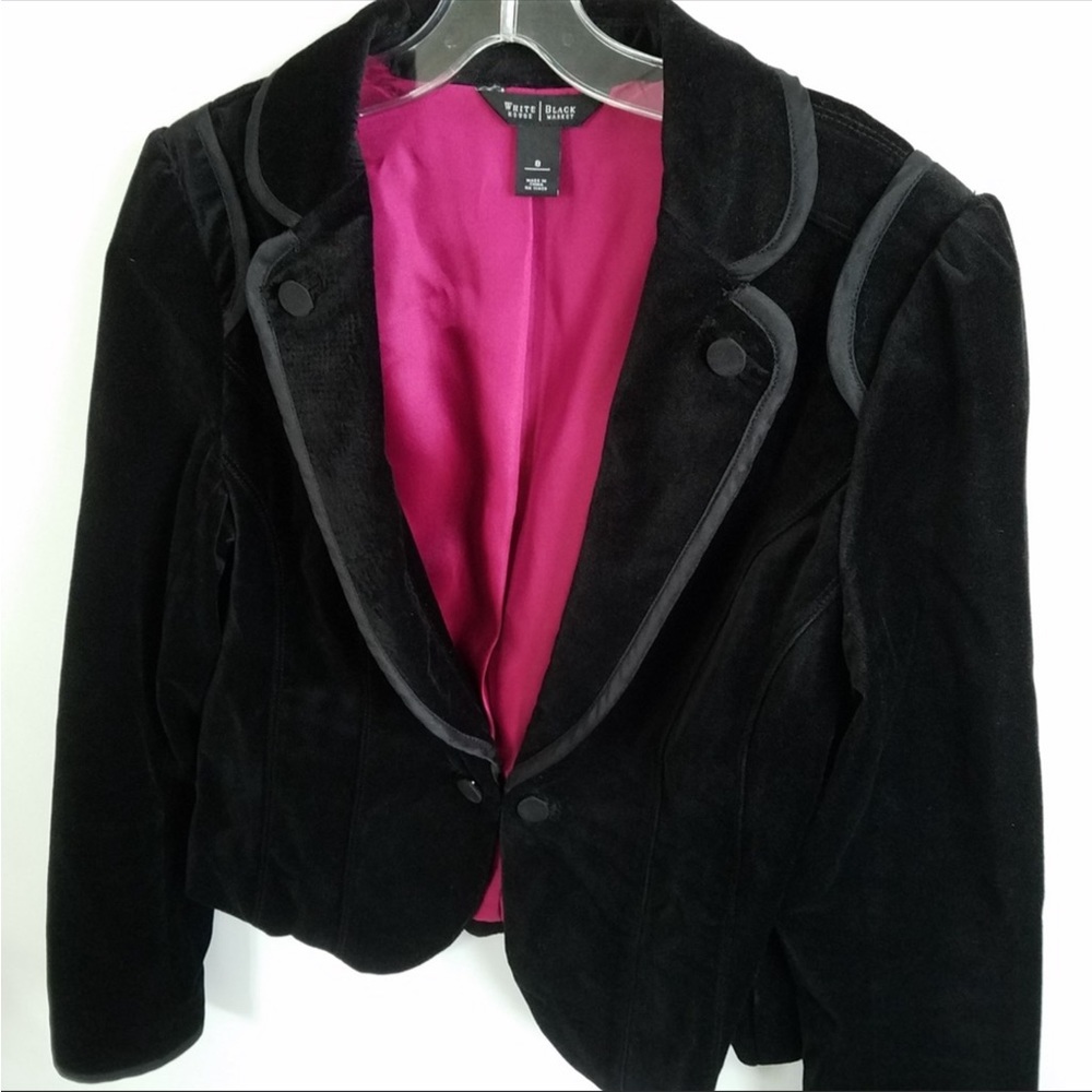 WHBM Black Velvet Fuchsia Lined Blazer